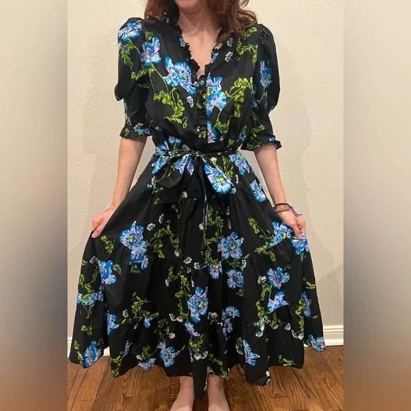 Diane Von Furstenberg | Deacon Floral Puff Sleeve Cotton Midi Dress Floral Black - Picture 3 of 15